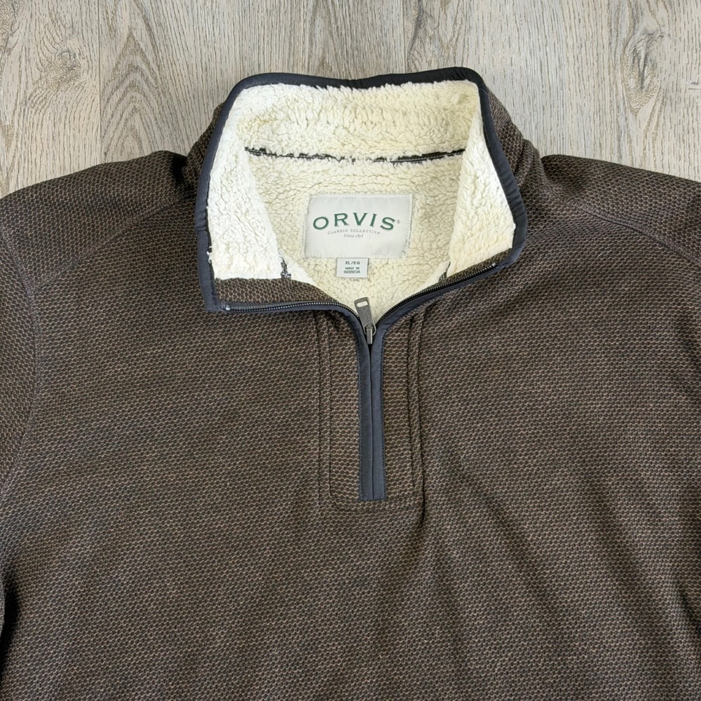 Orvis Brown Sherpa Lined Quarter Zip Pullover Textured Fleece Sweater